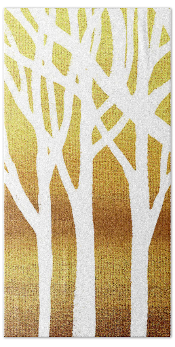 White Beach Towel featuring the painting White Abstract Forest Beige Background Triptych B 1of3 by Irina Sztukowski