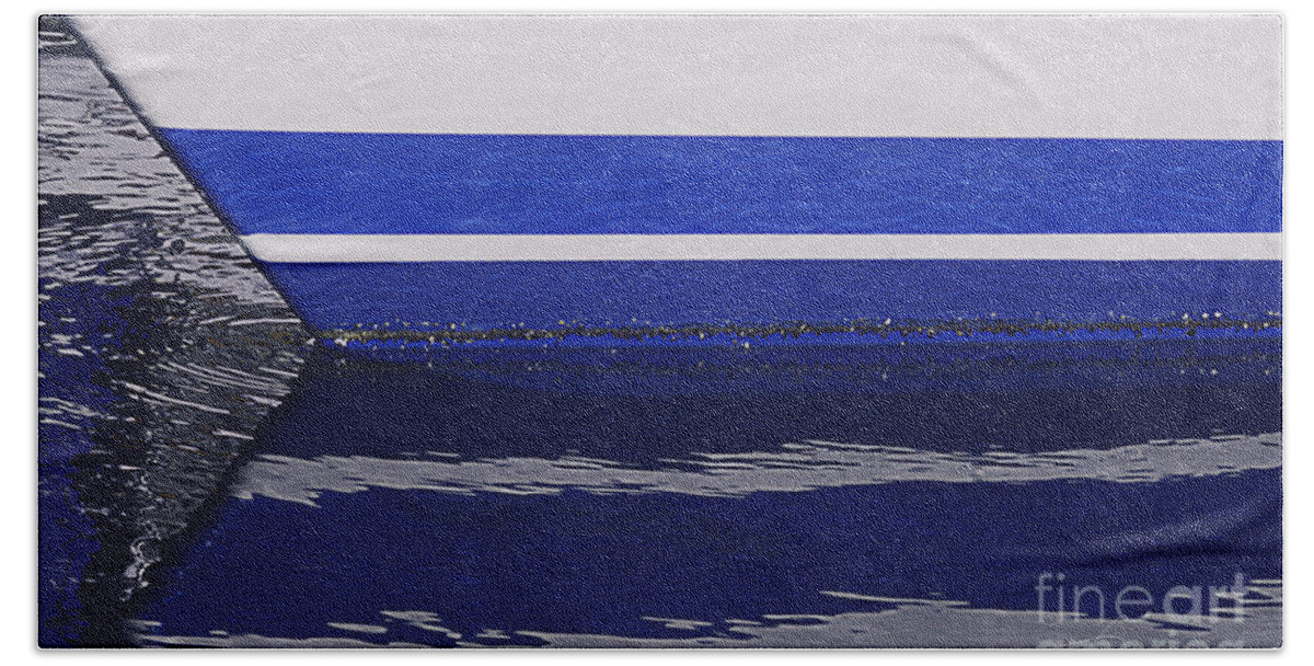 White And Blue Boat Beach Sheet featuring the photograph White and Blue boat symmetry by Danuta Bennett