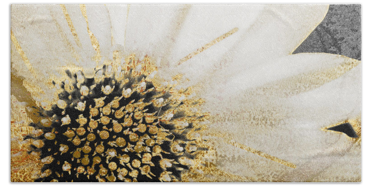 White Daisy Beach Towel featuring the painting White and Gold Daisy by Mindy Sommers