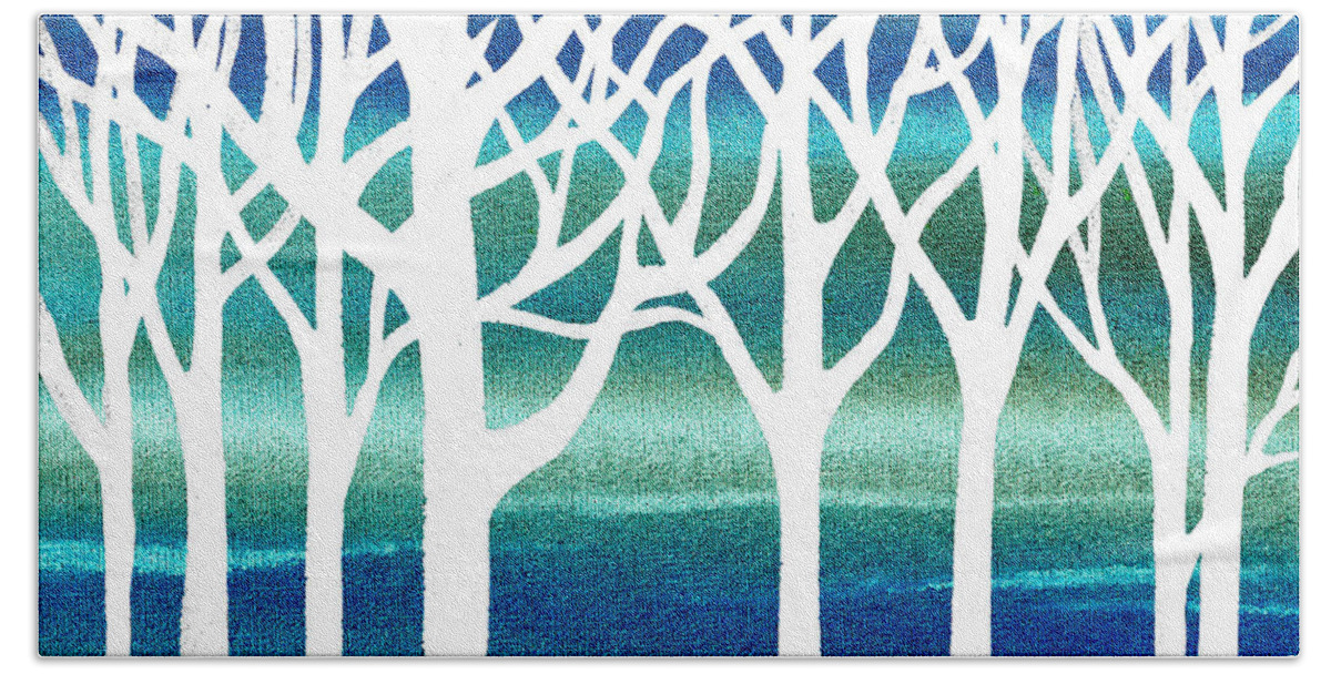 Teal Beach Towel featuring the painting White And Teal Forest by Irina Sztukowski