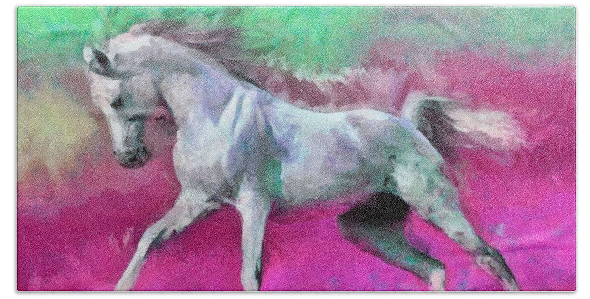 White Arabian Horse Art Beach Towel featuring the digital art White Arabian Horse Art by Caito Junqueira