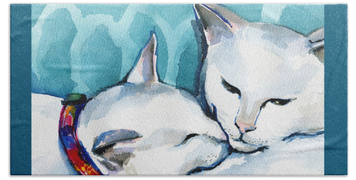 Cat Beach Towel featuring the painting White Cat Affection by Dora Hathazi Mendes