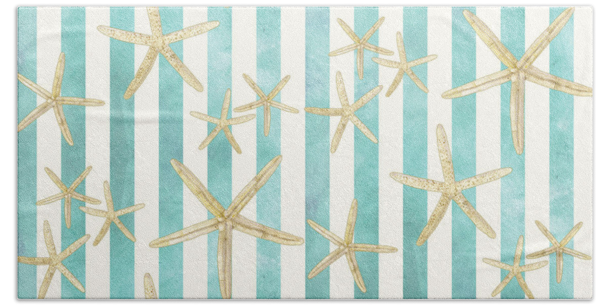 Watercolor Beach Towel featuring the painting White Finger Starfish Watercolor Stripe Pattern by Audrey Jeanne Roberts