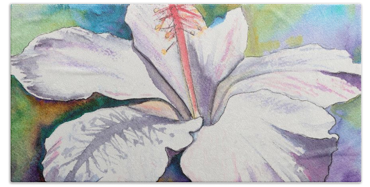 White Hibiscus Beach Sheet featuring the painting White Hibiscus Waimeae by Marionette Taboniar