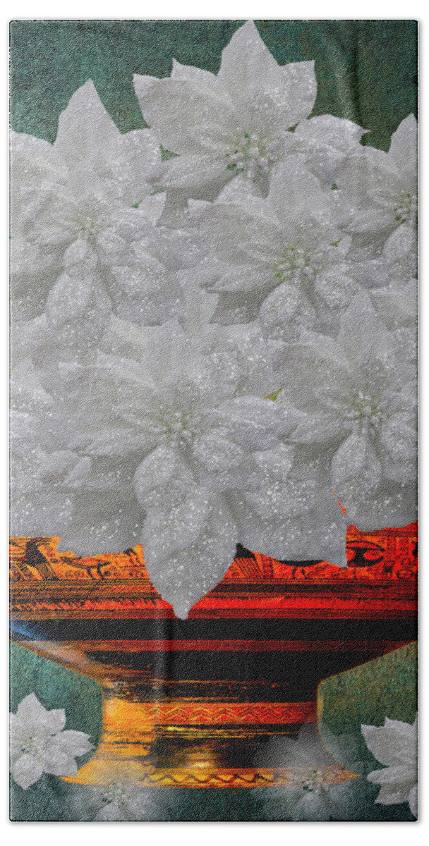 Poinsettias Beach Towel featuring the photograph White Poinsettias In A Bowl by Saundra Myles
