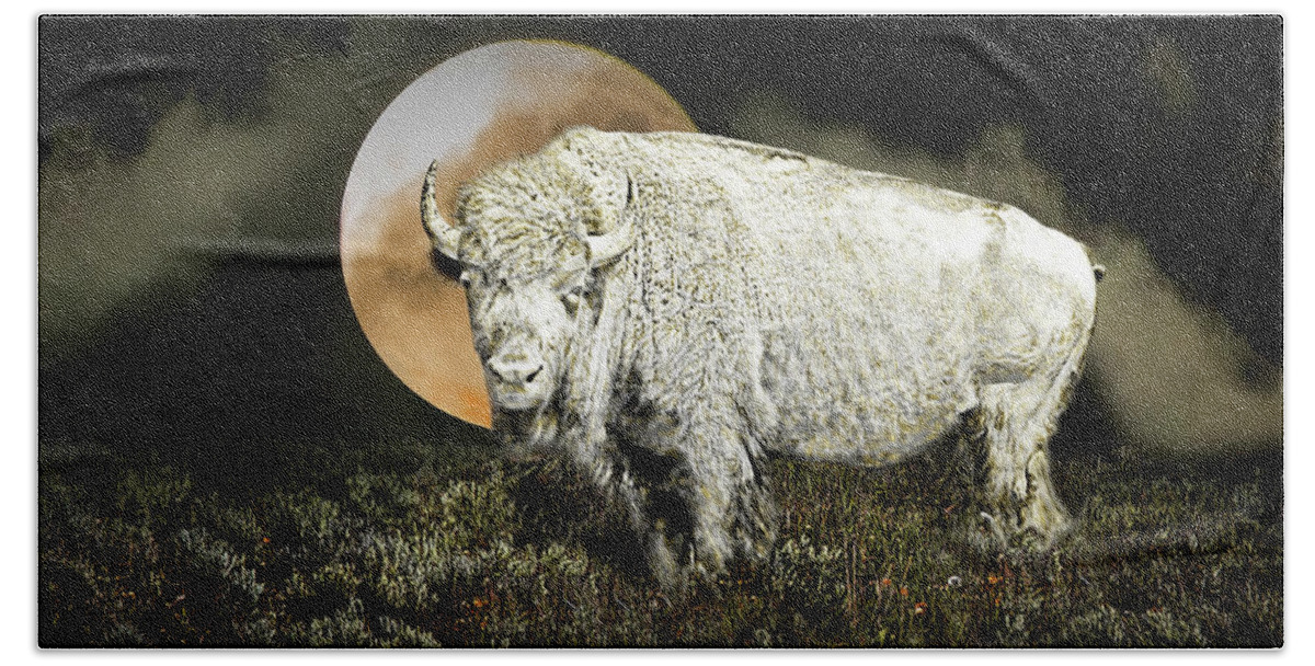 White Buffalo Beach Towel featuring the photograph White Spirit Buffalo and Moon by Randall Nyhof