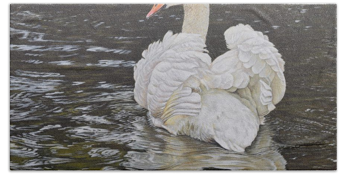 Wildlife Paintings Beach Towel featuring the painting White Swan by Alan M Hunt