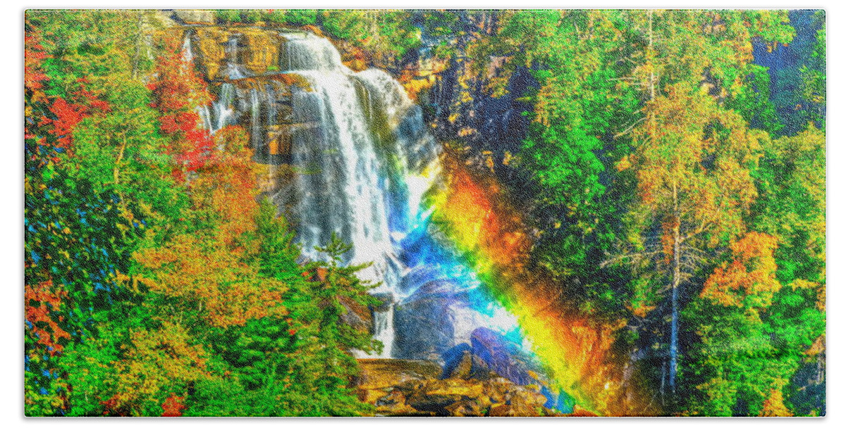 Whitewater Falls; North Carolina; Waterfalls; Autumn Scene; Rainbow; Fall Colors; Whtewater River; Jocasse Gorge; Gorges State Park; Nantahala National Forests Beach Sheet featuring the photograph Whitewater Rainbow by Don Mercer
