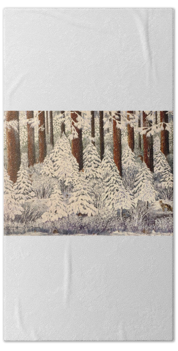 Snow Beach Towel featuring the painting Whose woods these are I think I know					 by Jennifer Lake