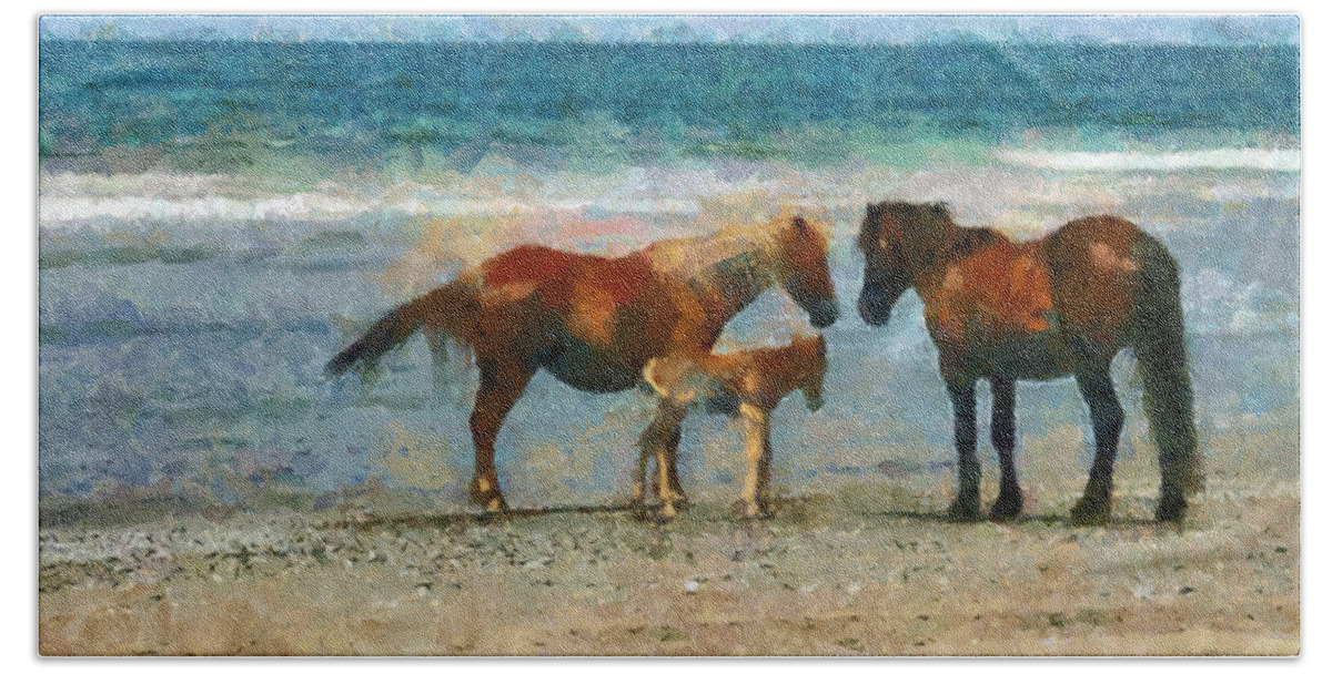 Horse Beach Towel featuring the painting Wild Horses of the Outer Banks by Lynne Jenkins