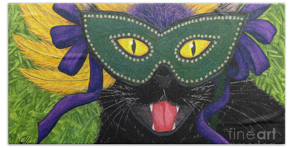 Mardi Gras Cat Beach Sheet featuring the painting Wild Mardi Gras Cat by Carrie Hawks