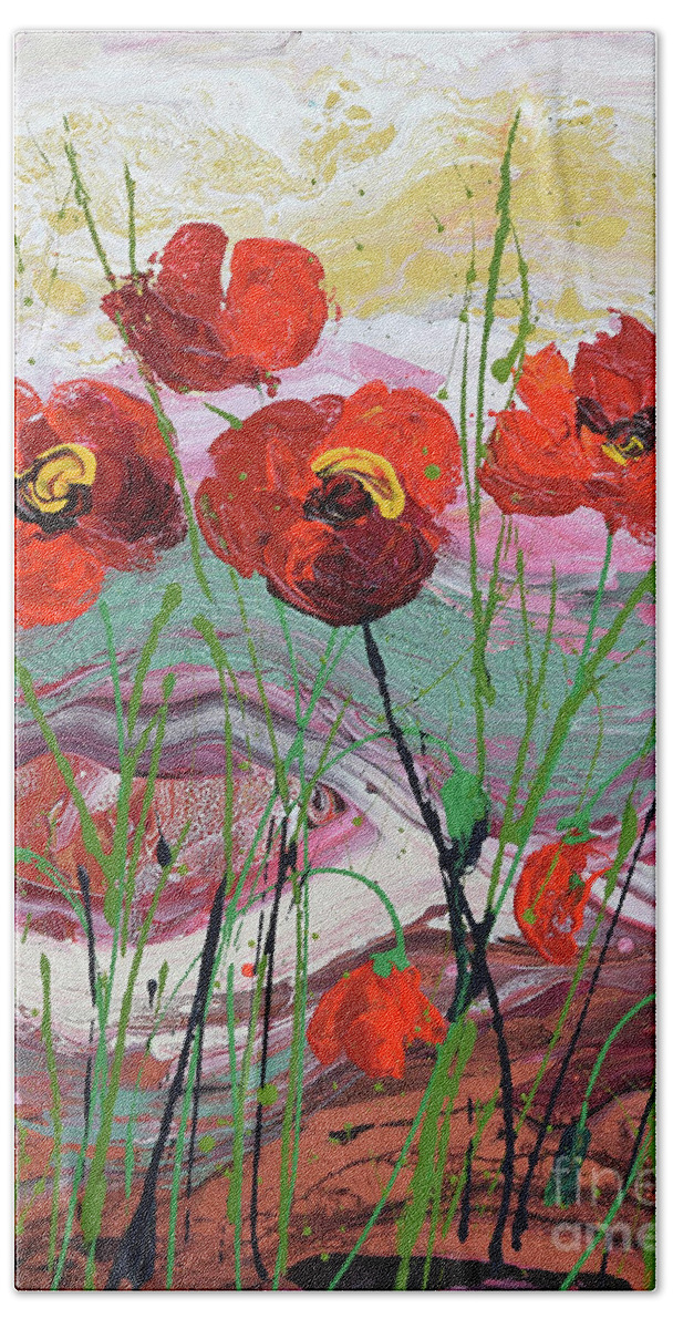 Wild Poppies - Triptych Beach Towel featuring the painting Wild Poppies - 3 by Jyotika Shroff