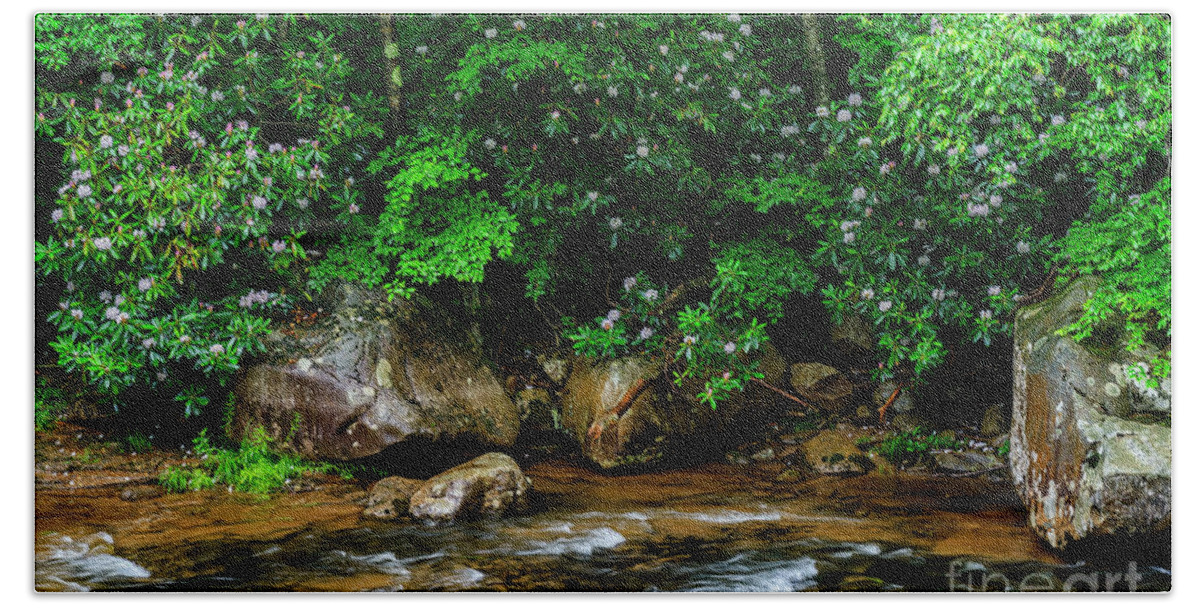 Williams River Beach Towel featuring the photograph Williams River and Rhododdendron by Thomas R Fletcher