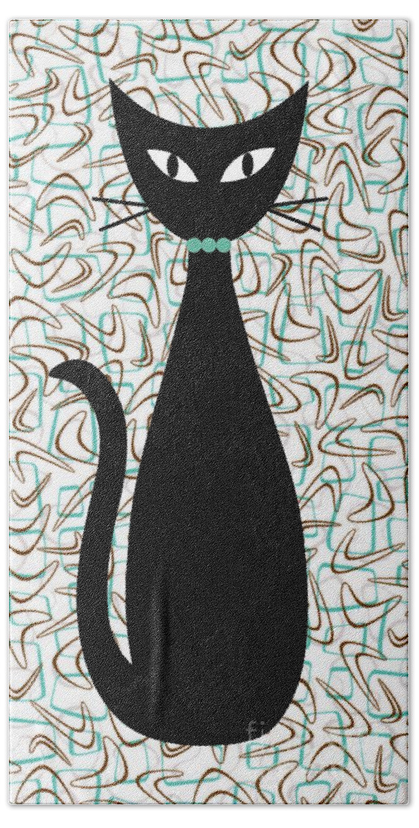 Mid Century Modern Beach Towel featuring the digital art Boomerang Cat in Aqua and Brown by Donna Mibus
