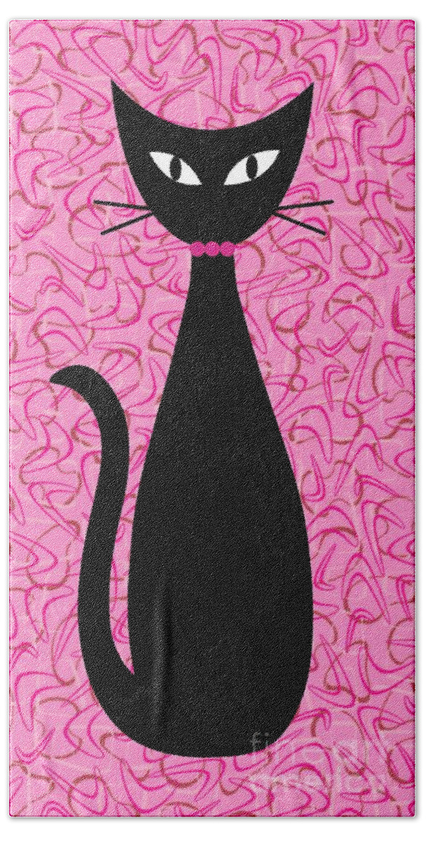 Mid Century Modern Beach Towel featuring the digital art Boomerang Cat in Pink by Donna Mibus