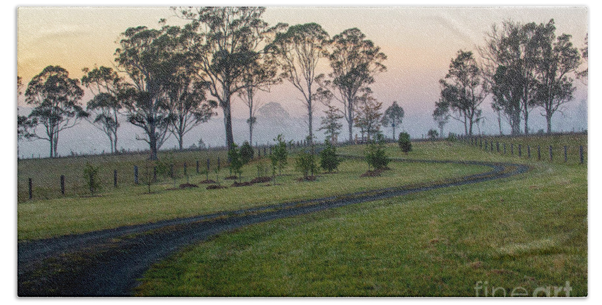 Winding Road Beach Sheet featuring the photograph Winding road through paddock at dawn by Sheila Smart Fine Art Photography