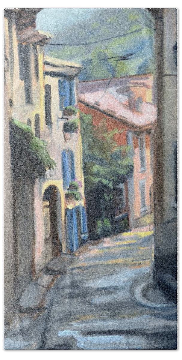 France Beach Towel featuring the painting Winding Street in Provence by Donna Tuten