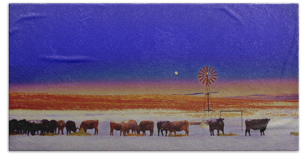 Retro Beach Towel featuring the photograph Windmill and Cows Night Feed by Amanda Smith