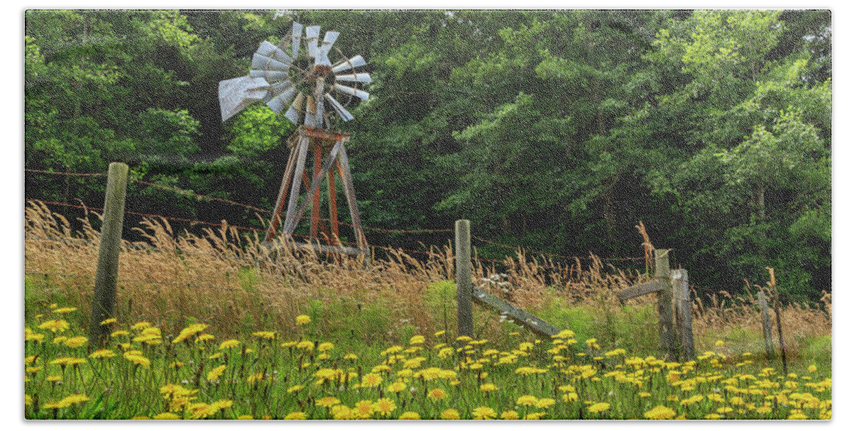 Windmill Beach Towel featuring the photograph Windmill And Flowers by James Eddy