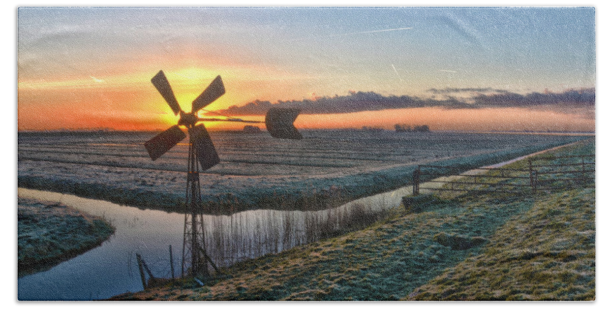 Windmill Beach Towel featuring the photograph Windmill at Sunrise by Frans Blok