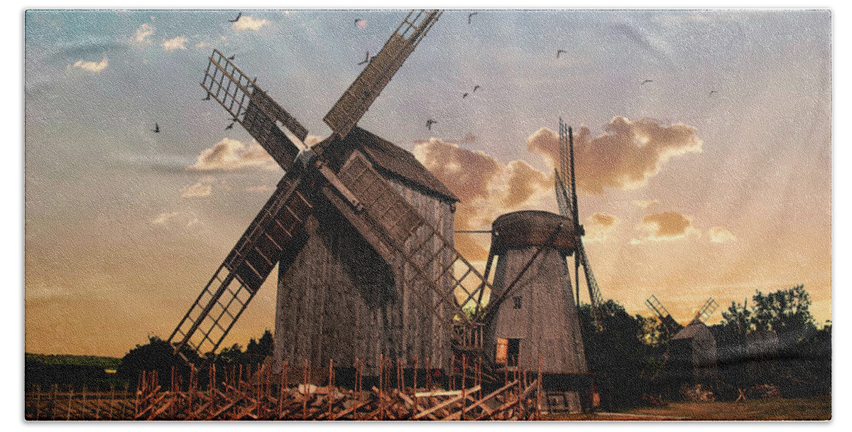 Sunrise Beach Sheet featuring the photograph Windmills of Estonia by Jaroslaw Blaminsky
