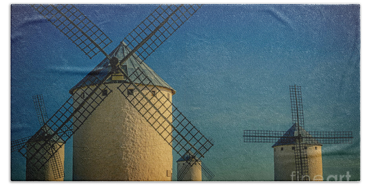 Windmills Beach Sheet featuring the photograph Windmills under blue sky by Heiko Koehrer-Wagner