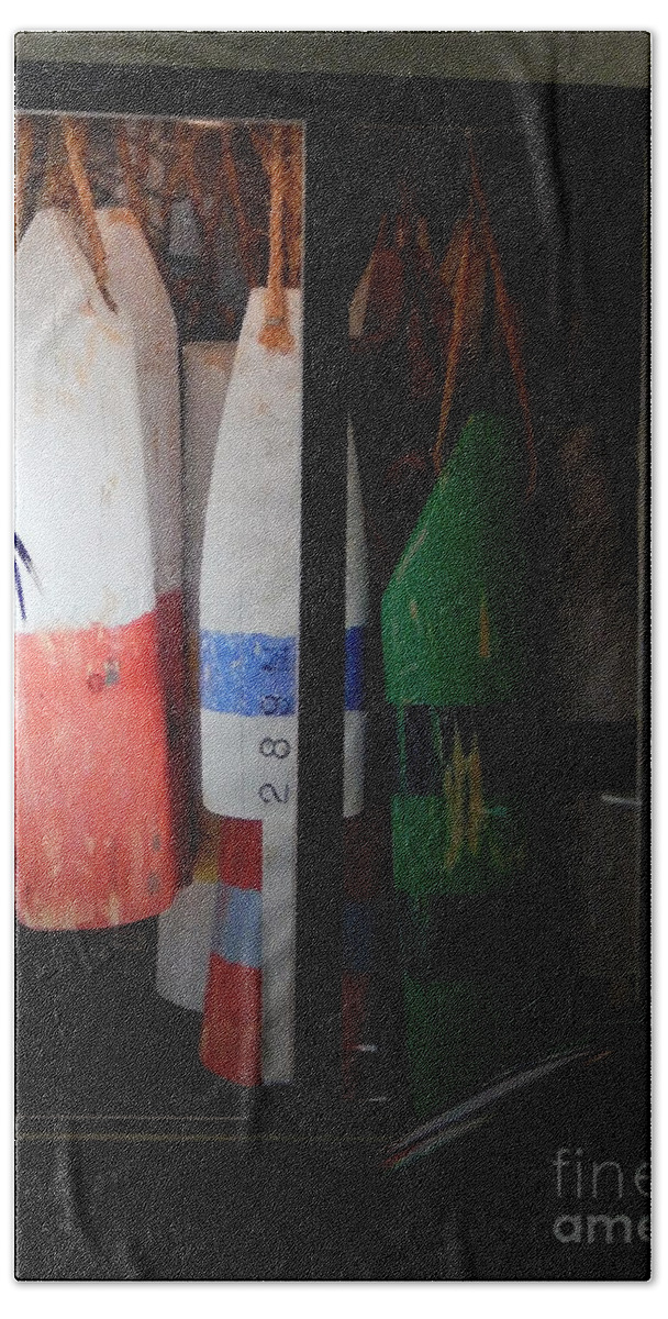 Buoys Displayed Side By Side Inside A Display Window In Downtown Key West .evening Beach Sheet featuring the photograph Window Buoys key West by Priscilla Batzell Expressionist Art Studio Gallery