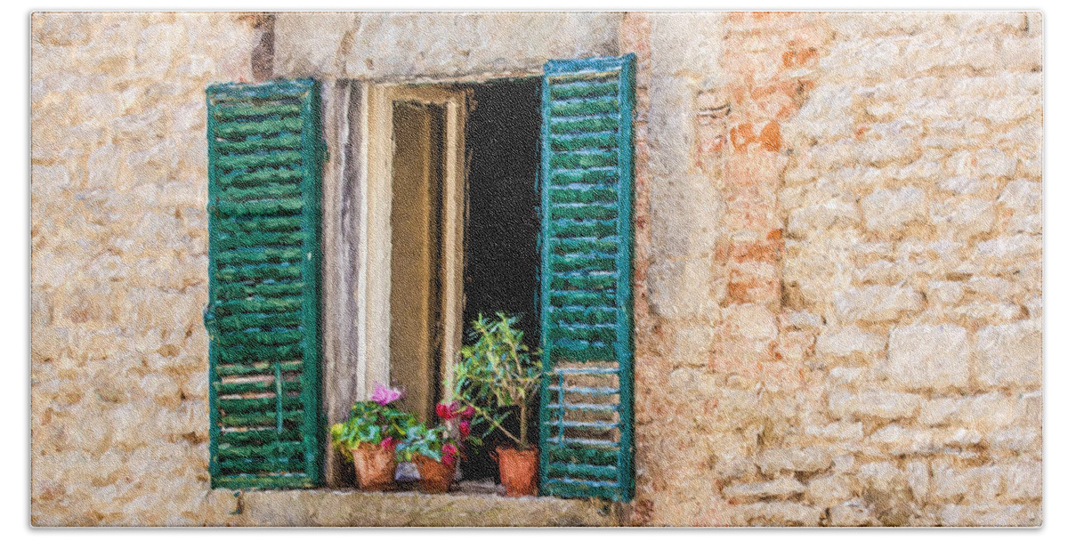 Cortona Beach Sheet featuring the painting Window Flowers of Tuscany by David Letts