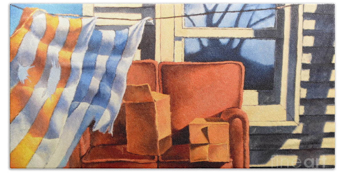 Couch Beach Towel featuring the painting Window with couch and towels by Christopher Shellhammer