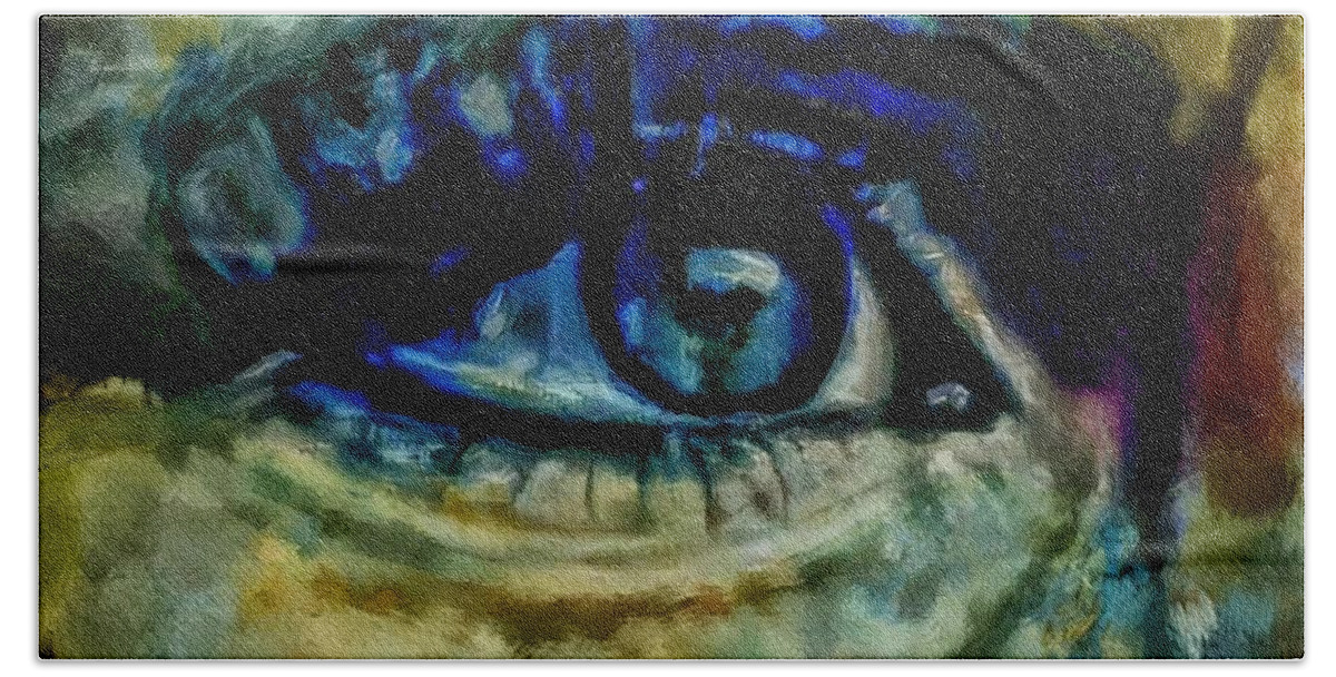 Windows Into The Soul Eye Painting Closeup Beach Sheet featuring the painting Windows Into The Soul Eye Painting Closeup All Seeing Eye In Blue Pink Red Magenta Yellow Eye Of Go by MendyZ