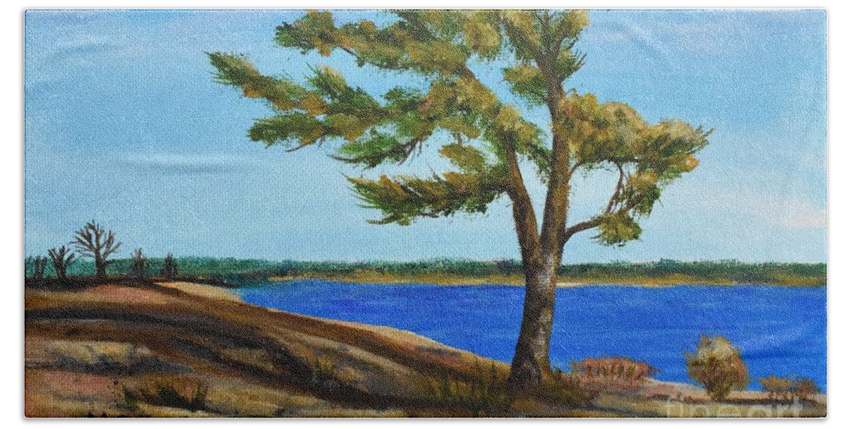 Windswept Beach Towel featuring the painting Windswept Tree by Monika Shepherdson