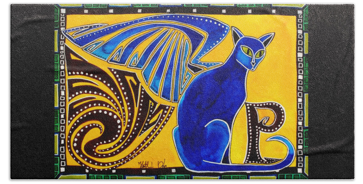 Cat Art Beach Sheet featuring the painting Winged Feline - Cat Art with letter P by Dora Hathazi Mendes by Dora Hathazi Mendes