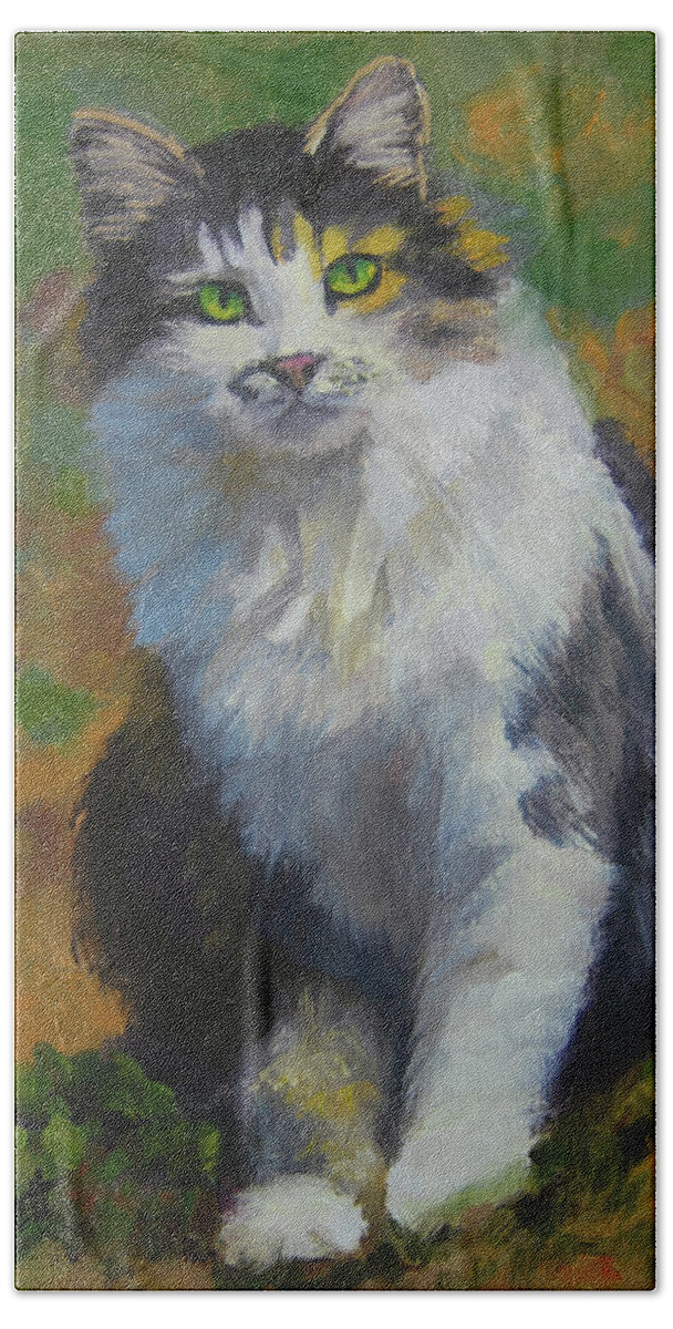 Cat Beach Towel featuring the painting Calico Cat by Alice Leggett