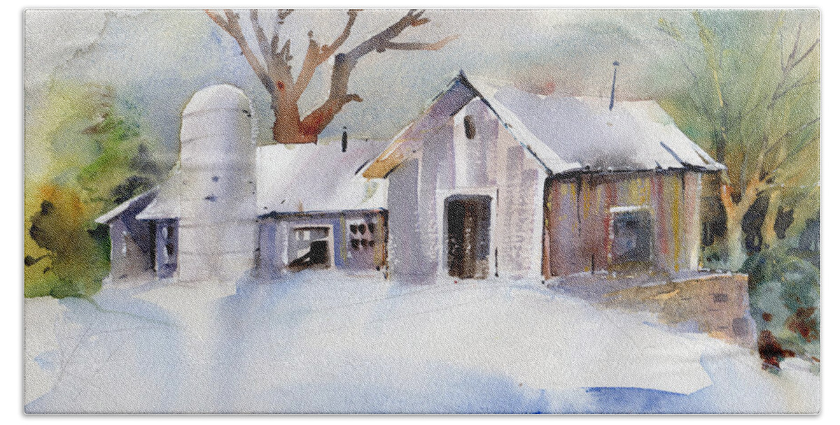 New England Scenes Beach Towel featuring the painting Winter Barn by P Anthony Visco