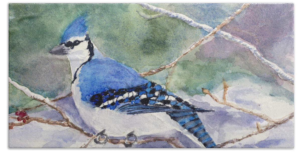 Blue Jay Beach Towel featuring the painting Winter Blues by Mary Benke