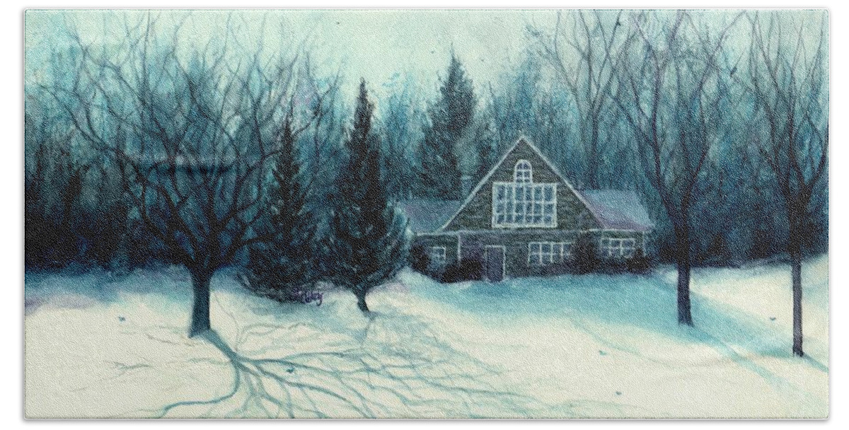Cabin Beach Towel featuring the painting Winter Blues - Stone Chalet Cabin by Janine Riley