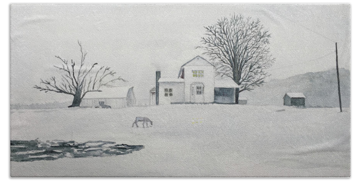 Winter Beach Sheet featuring the painting Winter Farm 2 by Christine Lathrop