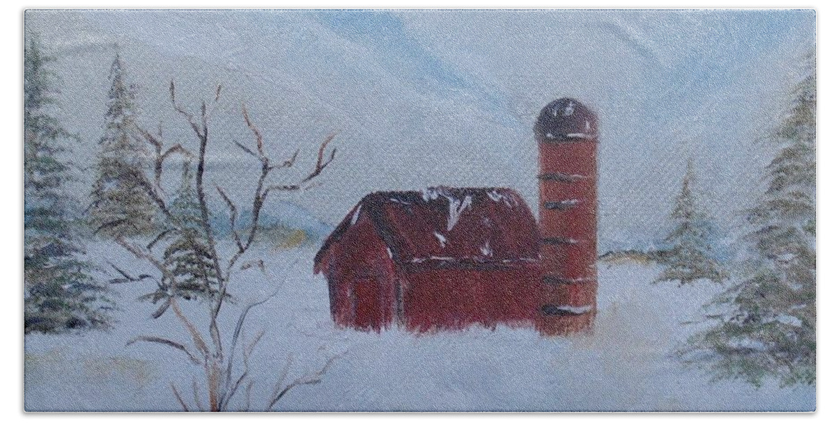 Barn Beach Sheet featuring the painting Winter Farm by Judith Rhue
