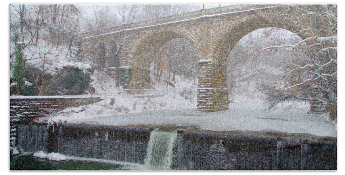 Winter Beach Towel featuring the photograph Winter in Philadelphia - Wissahickon Creek Waterfall by Bill Cannon