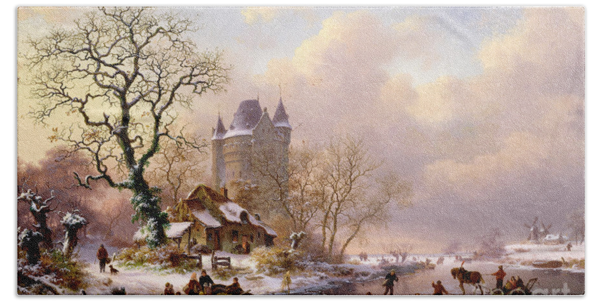 Winter Beach Towel featuring the painting Winter Landscape with Castle by Frederick Marianus Kruseman