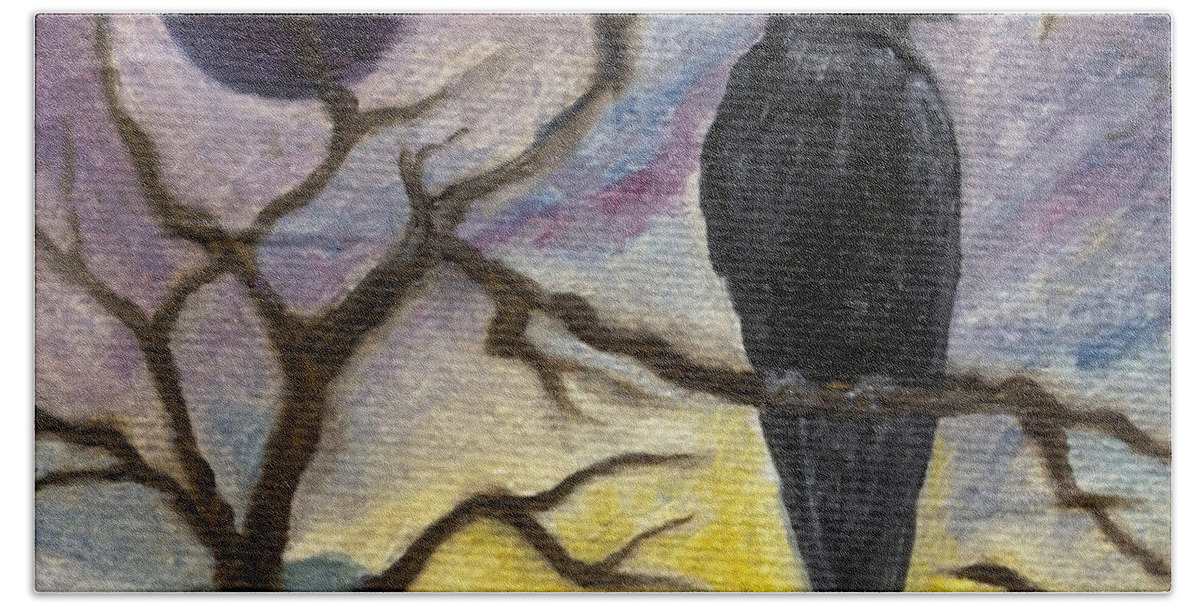 Moon Beach Towel featuring the painting Winter Moon Raven by FT McKinstry