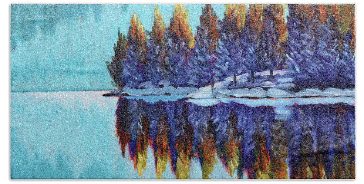 Winter Beach Towel featuring the painting Winter - Mountain Lake by Kevin Hughes