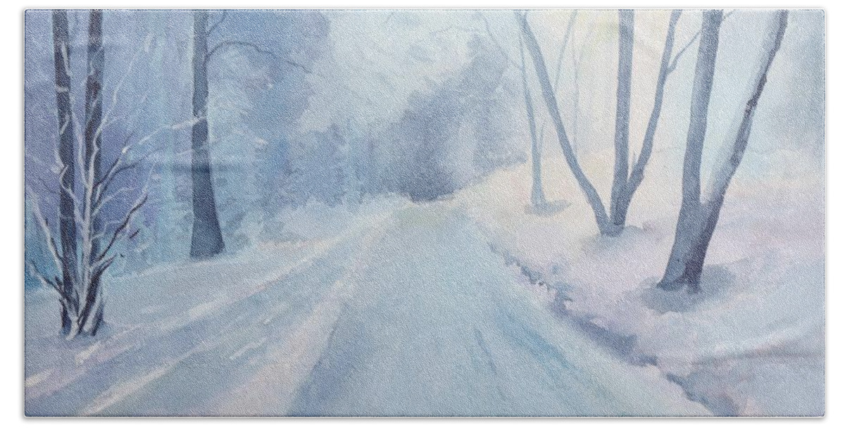 Watercolor Painting Of A Snowy Road In Winter. Reference Photo By Milos Polacek. Beach Towel featuring the painting Winter Road Krkonose Mountains, from photo by Milos Polacek by Watercolor Meditations