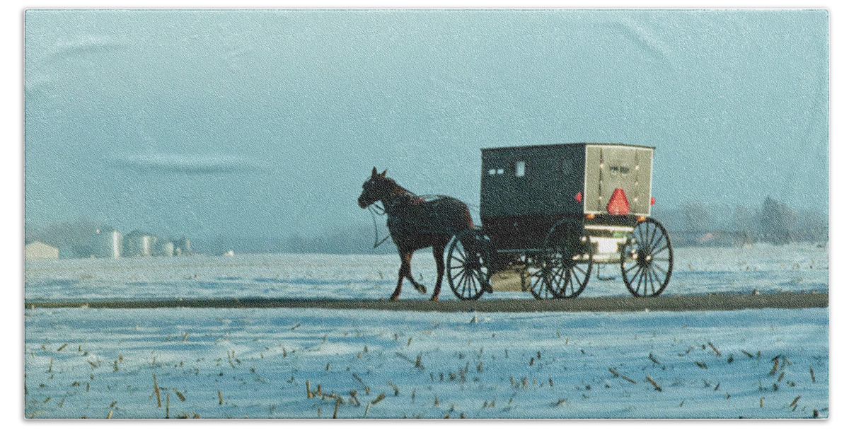 Winter Beach Towel featuring the photograph Winter Sun on Amish Buggy by David Arment