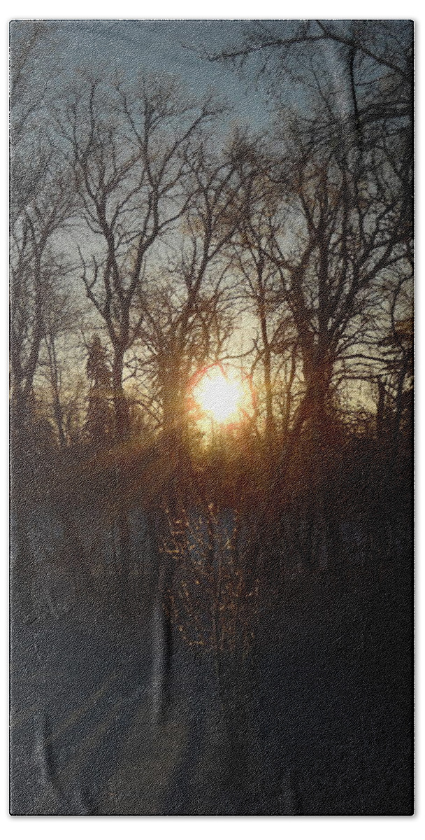 Winter Beach Towel featuring the photograph Winter Sunrise Between Trees by Kent Lorentzen