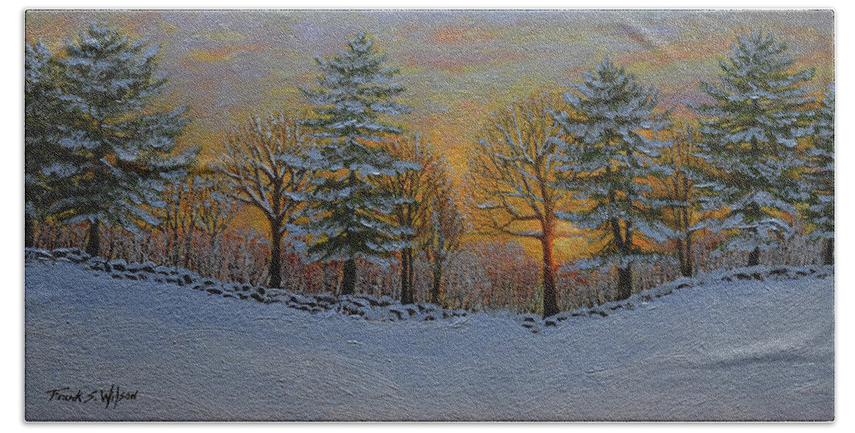 Winter Sunset Beach Towel featuring the painting Winter Sunset by Frank Wilson
