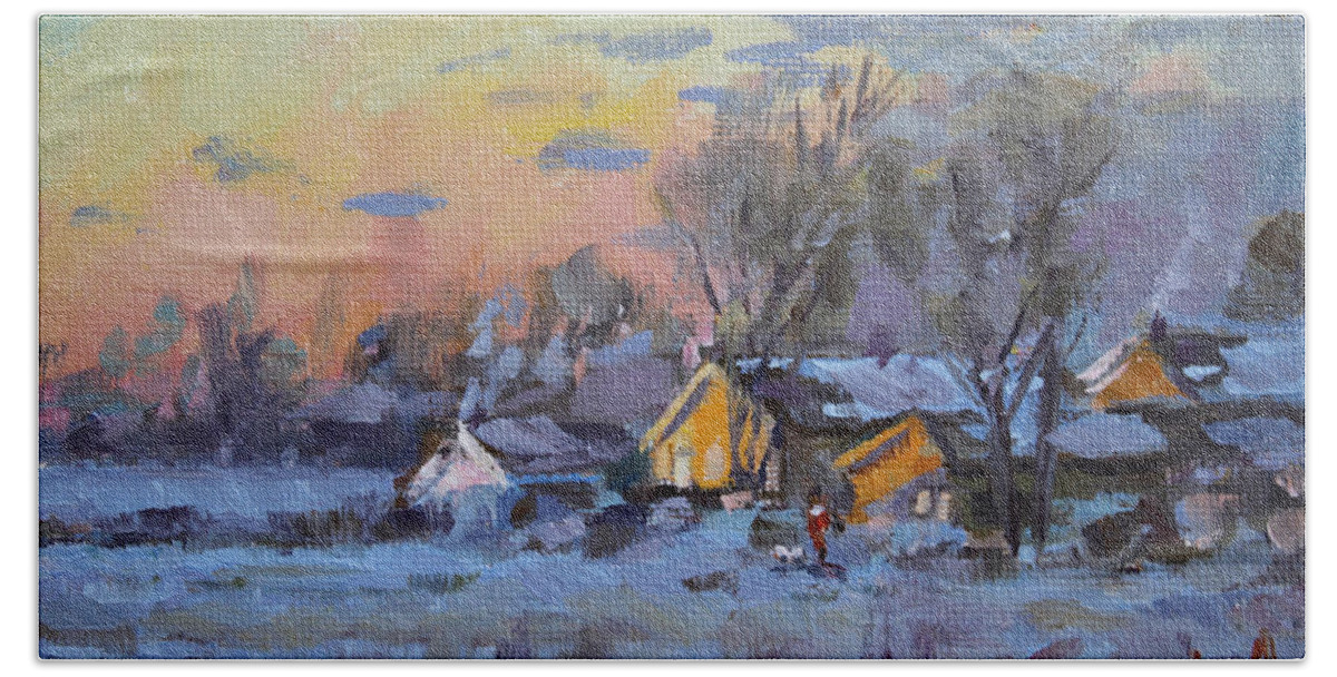 Winter Beach Towel featuring the painting Winter Sunset in the Farm by Ylli Haruni