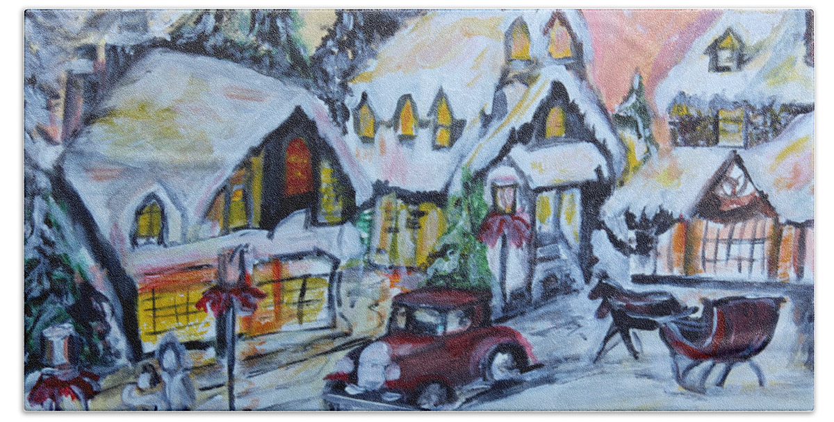 Snowy Beach Towel featuring the painting Winter Village Scene by Denice Palanuk Wilson