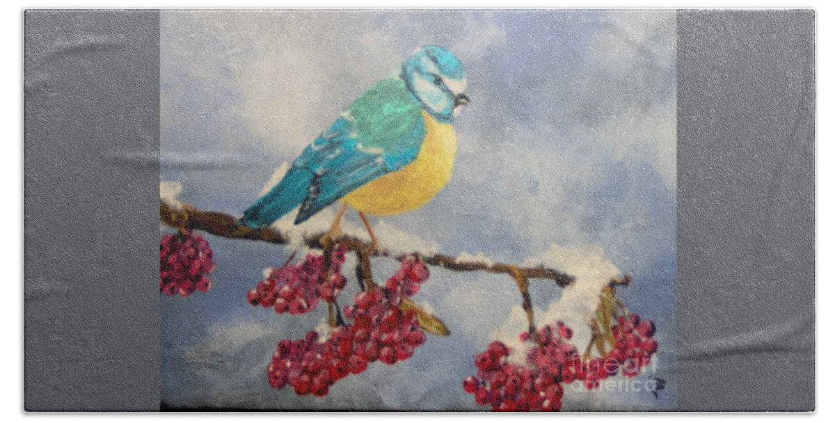 Bird Beach Towel featuring the painting Winter Watch by Saundra Johnson