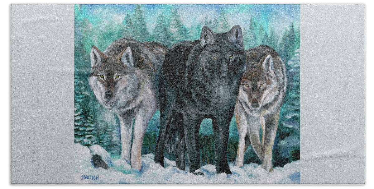 Wolves Beach Sheet featuring the painting Winter Wolves by Joe Baltich